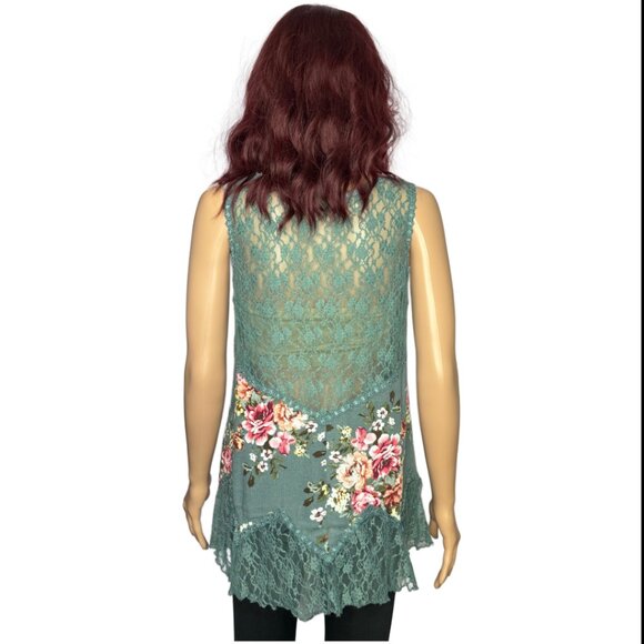 🆕POL Floral Lace Short Sleeve Tunic Green Size Small - Picture 5 of 12